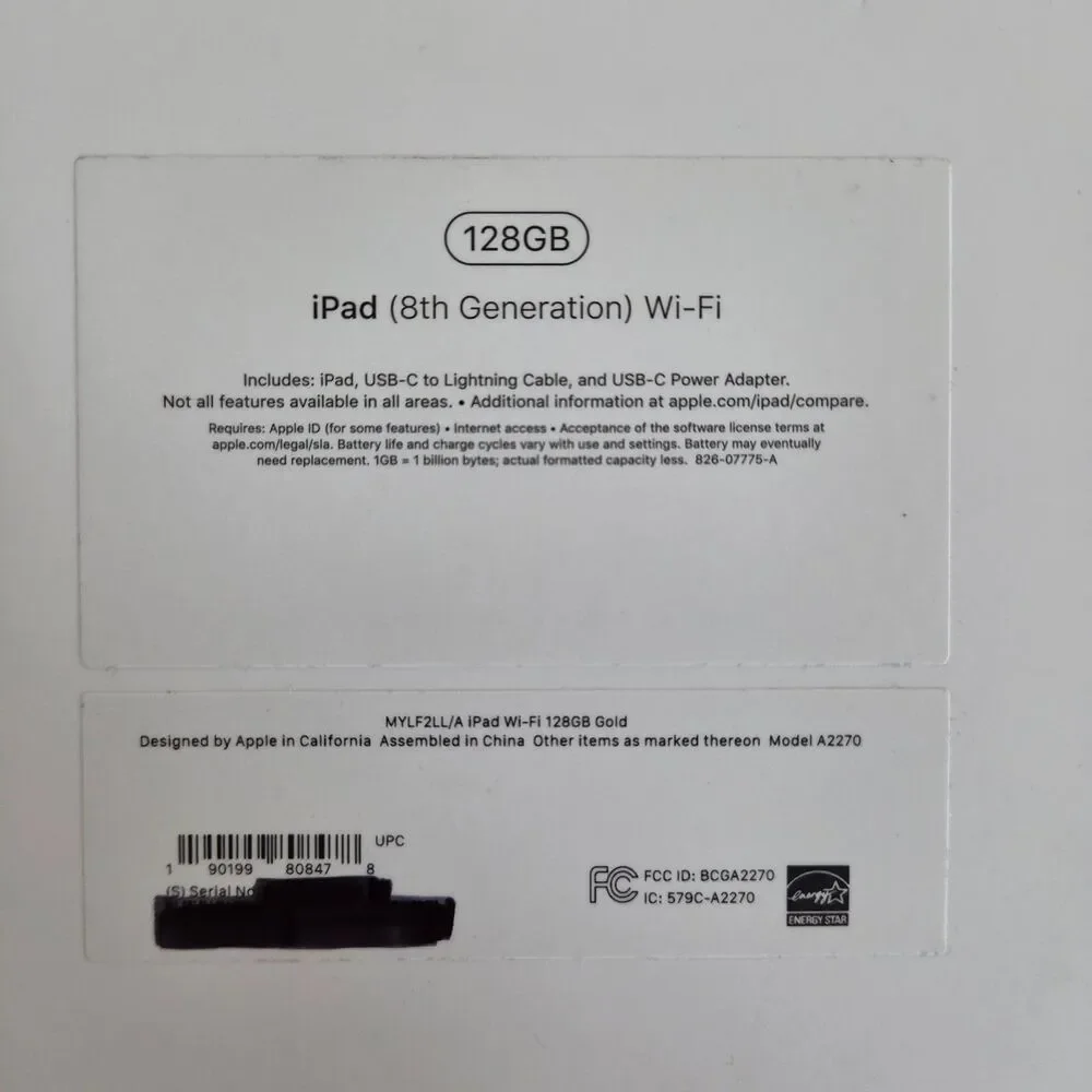 Authentic Replacement BOX ONLY Apple iPad 8th Generation WiFi Model A2270 BOX